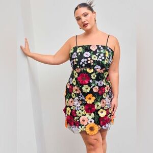 SOLD JACQUARD SQUARE NECK COLORFUL FLORAL EMBROIDERY MINI DRESS CURVE & PLUS